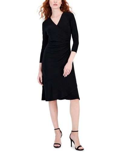 Ak Anne Klein Petite 3/4-sleeve Faux-wrap Dress - Black