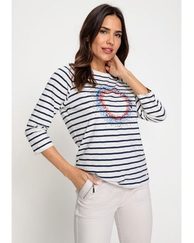 Olsen 100% Cotton 3/4 Sleeve Striped And Embellished Placement Print T-shirt - Blue