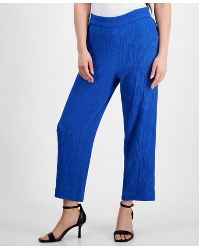 Ak Anne Klein Petite Pull-on Mid-rise Wide-leg Pants - Blue