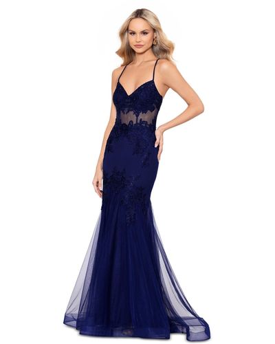Blondie Nites Embroidered Embellished Mermaid Dress - Blue