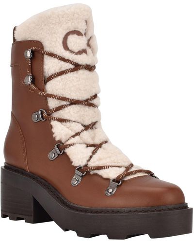 Calvin Klein Alaina Heeled Lace Up Cozy Lug Sole Winter Cold Weather Boots - Brown