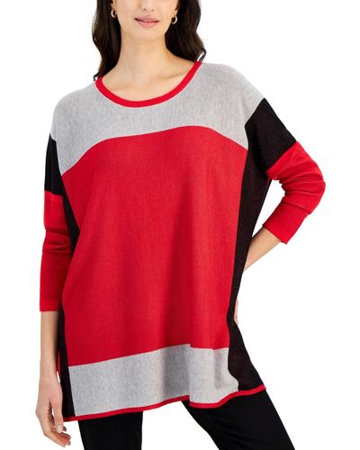 Fever Crewneck Colorblocked Poncho Sweater - Red