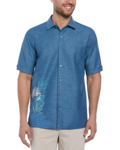 Cubavera Big & Tall Linen Blend Asymmetric Tropical Leaf Print Shirt - Blue
