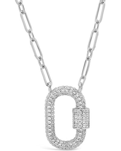 Sterling Forever Pave Cubic Zirconia Carabiner Silver Plated Lock Necklace - Metallic