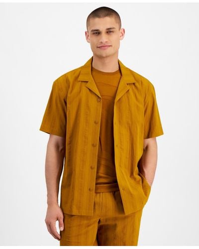 Alfani Short Sleeve Textured Button-front Camp Shirt - Orange