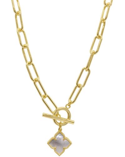 Adornia 19" Paper Clip Chain toggle 14k Gold Plated Flower Imitation Mother Of Pearl Necklace - Metallic