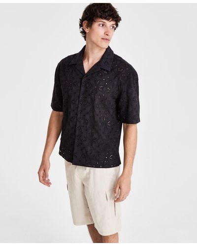 INC International Concepts Idris Floral Eyelet Short-sleeve Camp Shirt - Black