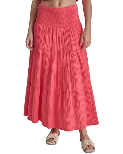 DKNY Cotton Smocked-waist Tiered Maxi Skirt - Pink