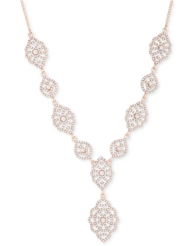 Marchesa Rose Gold-tone Crystal Filigree Lariat Necklace, 16" + 3" Extender - White