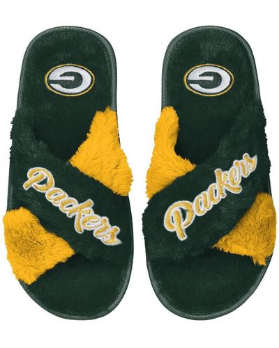 FOCO Bay Packers Two-tone Crossover Faux Fur Slide Slippers - Yellow