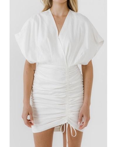 Endless Rose Stretch Linen Shirred Mini Dress - White