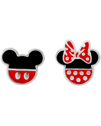 Disney Mickey Mouse And Minnie Mouse Silver Plated Mismatched Stud Earrings - Red