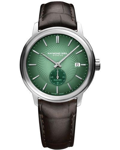 Raymond Weil Swiss Automatic Maestro Small Seconds Brown Leather Strap Watch 40mm - Green