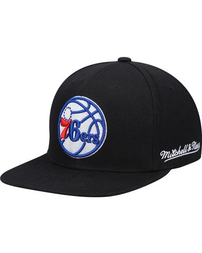 Mitchell & Ness Philadelphia 76ers English Dropback Snapback Hat - Black