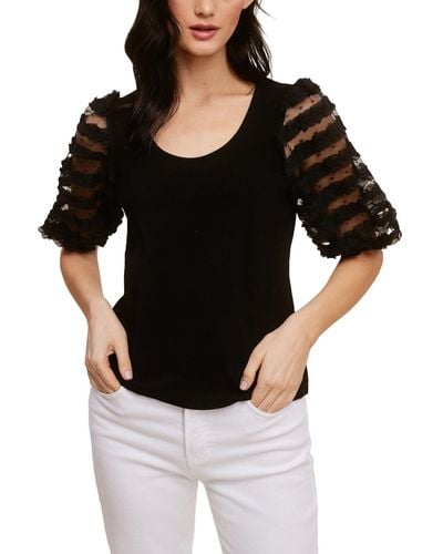 Fever Ribbed Knit Top With Ruffle Mesh Puff Sleeve - Black