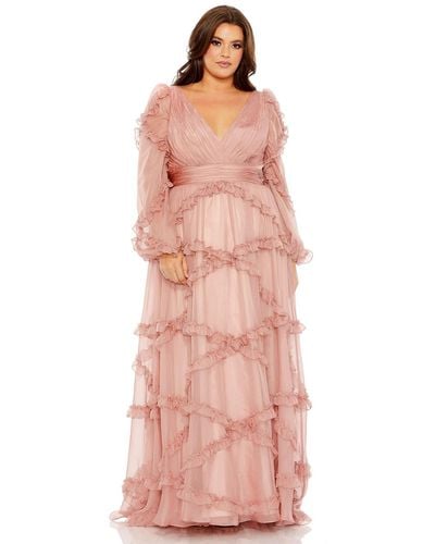 Mac Duggal Plus Size V Neck Ruffle Tiered Puff Sleeve Gown - Pink