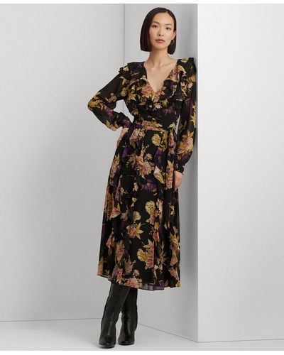 Lauren by Ralph Lauren Floral Ruffle-trim Georgette Dress - Black