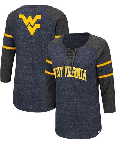 Colosseum Athletics Navy And Heathered Charcoal West Virginia Mountaineers Scienta Pasadena Raglan 3/4 Sleeve Lace-up T-shirt - Blue