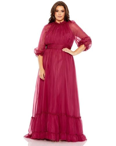 Mac Duggal Plus Size High Neck Puff Sleeve Tiered A Line Gown