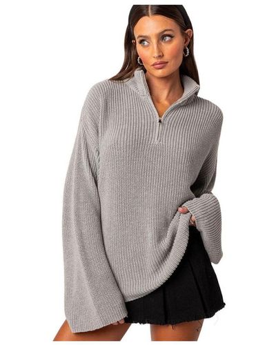 Edikted Oversized Quarter Zip High Neck Rib Sweater - Gray