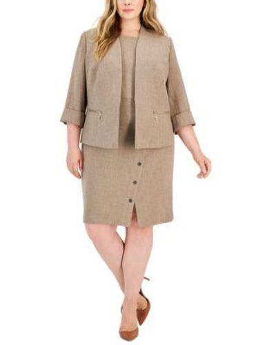 Kasper Plus Size Open Front Jacket Snap Trim Sheath Dress - Natural