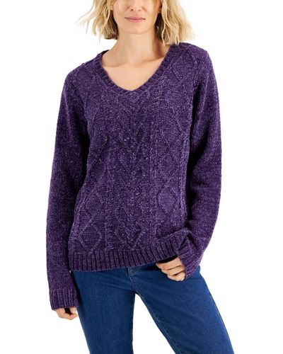 Karen Scott Petite's Chenille Cable-knit V-neck Sweater - Purple