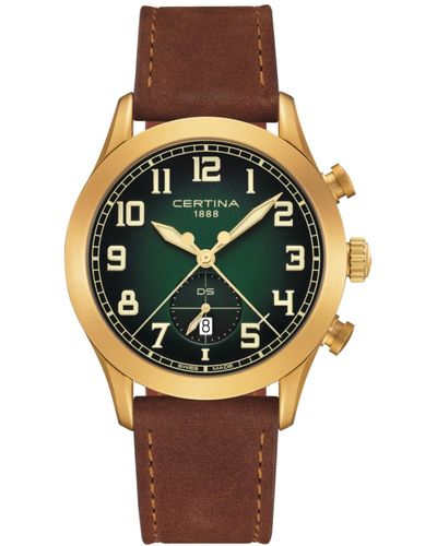 Certina Swiss Chronograph Ds Pilot Brown Strap Watch 43mm - Green