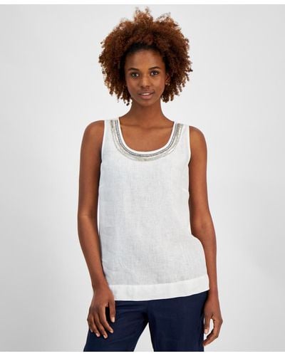 Charter Club 100% Linen Embellished Tank Top - White