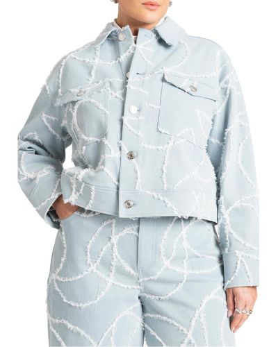 Eloquii Plus Size Distressed Embroidered Denim Jacket - Blue