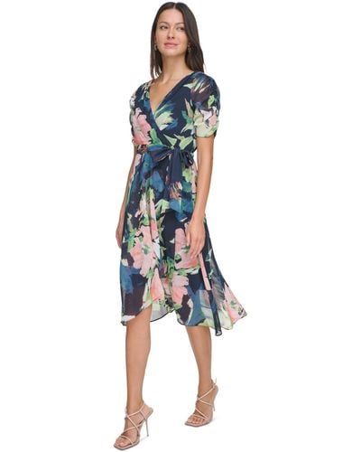 DKNY Floral Tie-waist Ruched-sleeve Dress - Blue