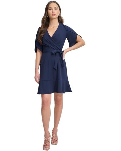 DKNY Surplice-neck Tulip-sleeve Belted Dress - Blue