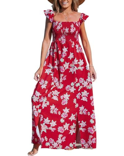 CUPSHE Floral Off-shoulder Flutter Sleeve Maxi Beach Dress - Red