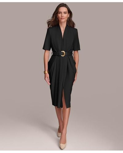 Donna Karan V-neck Belted Short-sleeve Dress - Brown