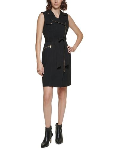 Calvin Klein Moto Belted Sleeveless Sheath Dress - Black