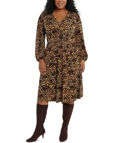 London Times Plus Size Printed Fit & Flare Dress - Brown