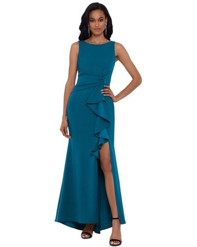 Betsy & Adam Cascading-ruffle Boat-neck Gown - Blue