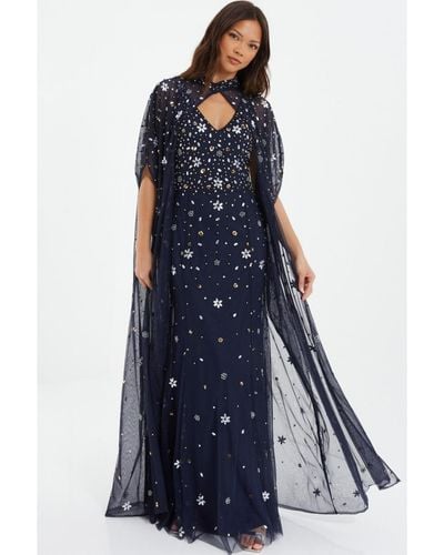 Quiz Beaded 2-in-1 Cape And Evening Dress - Blue