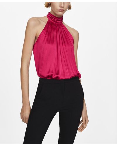 Mango High Neck Pleated Blouse - Red