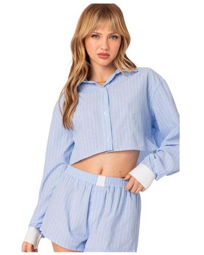 Edikted Lea Cropped Button Up Shirt - Blue