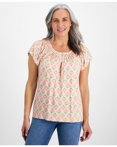 Style & Co. Petite Flower Bunch Pleat-neck Top - Natural