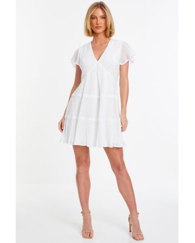 Quiz V-neck Frill Sleeve Tunic Dress - White