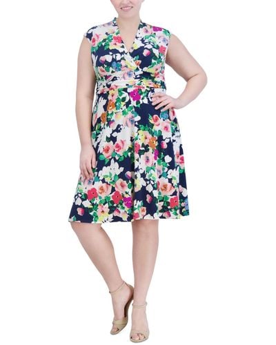 Jessica Howard Plus Size Floral Surplice-neck Dress - Blue