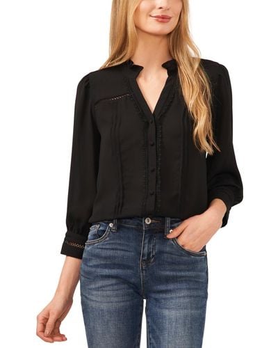 Cece Lace Trimmed Pintuck 3/4-sleeve Button Front Blouse - Black