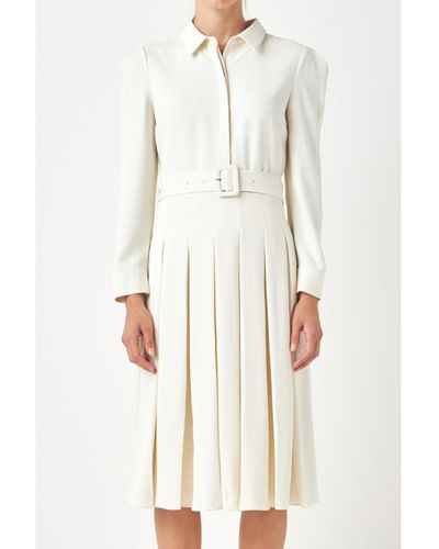 English Factory Pleated Collared Long Sleeve Midi Dress - White