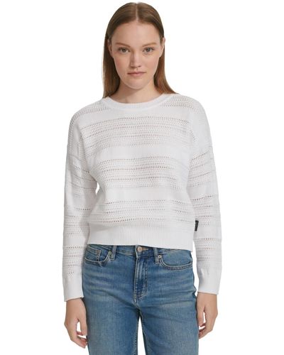 Calvin Klein Petite Cotton Textured Pointelle Sweater - White