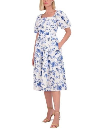 Vince Camuto Floral Puff-sleeve Midi Dress - Blue