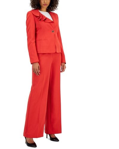 Nipon Boutique Asymmetrical Ruffled One-button Jacket & Wide-leg Pant Suit - Red