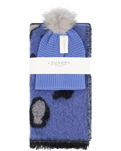 Laundry by Shelli Segal Oversized Animal Print Cozy Scarf And Beanie Set - Blue