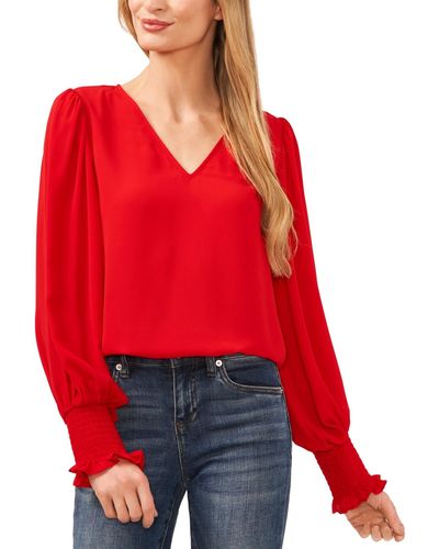 Cece Long-sleeve Smocked-cuff V-neck Blouse - Red