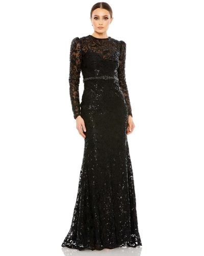 Mac Duggal Embellished High Neck Long Sleeve Gown - Black
